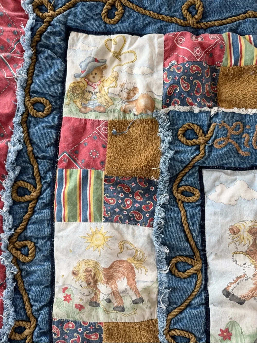 Vintage Cowpoke Patchwork Baby Quilt - Red, Blue, Brown